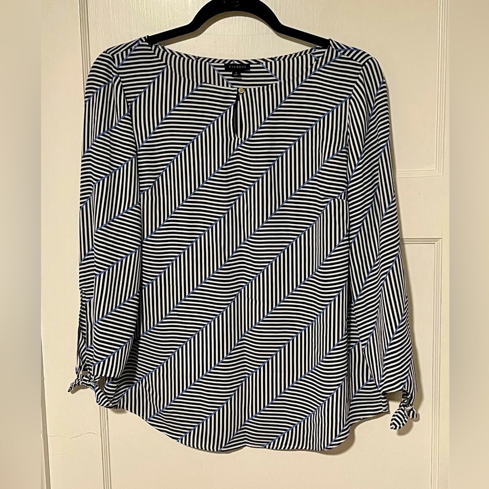 EUC Talbots Black and White Tie-Sleeve Blouse Small